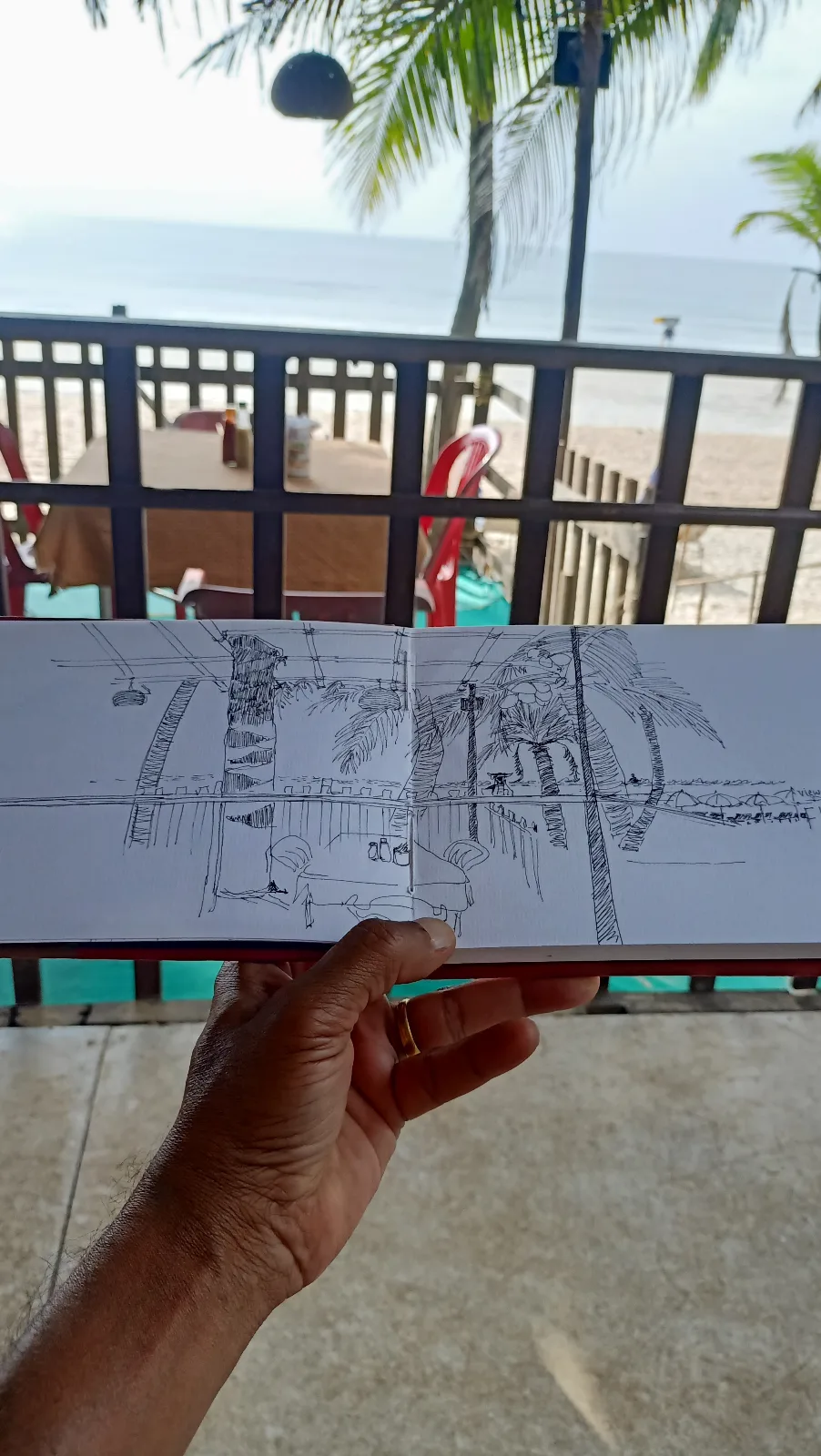 Hand-drawn urban sketch of Betalbatim Beach in Pune