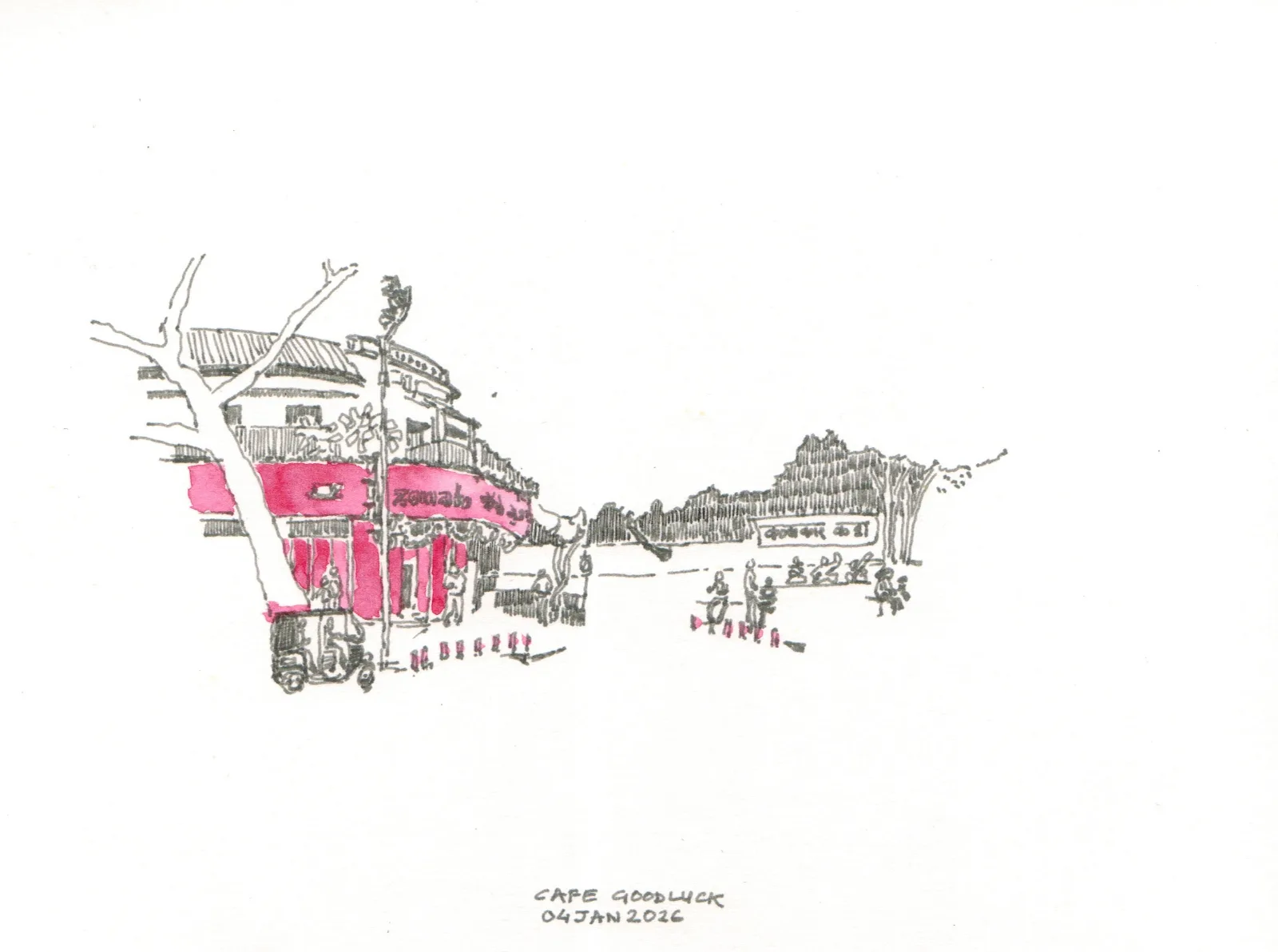 Hand-drawn urban sketch of Cafe Goodluck in Pune