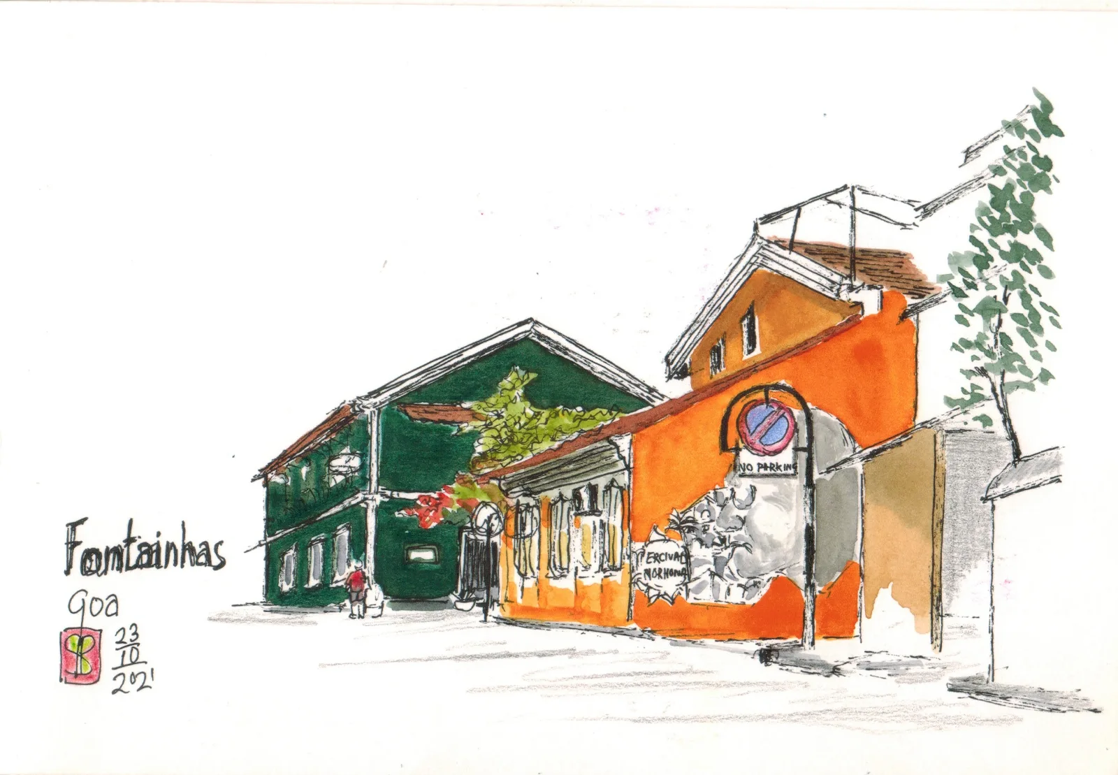 Hand-drawn urban sketch of Fontainhas (quarter) in Pune