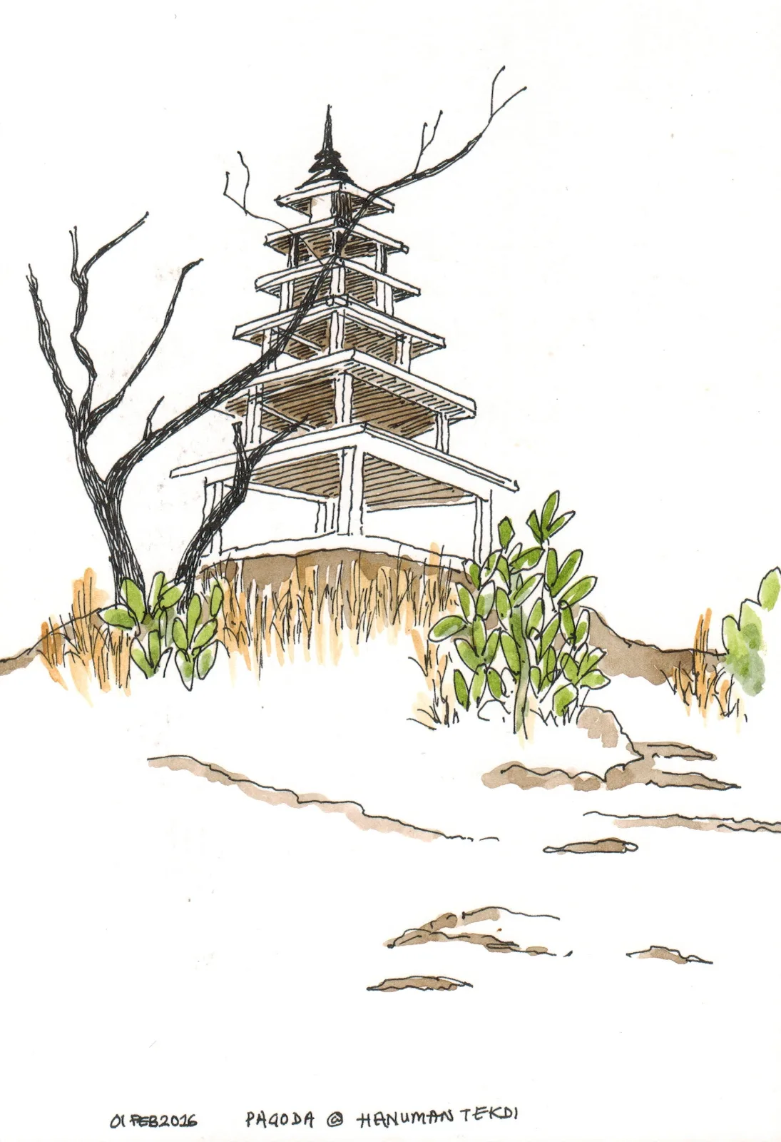 Hand-drawn urban sketch of Hanuman Tekdi Pagoda in Pune