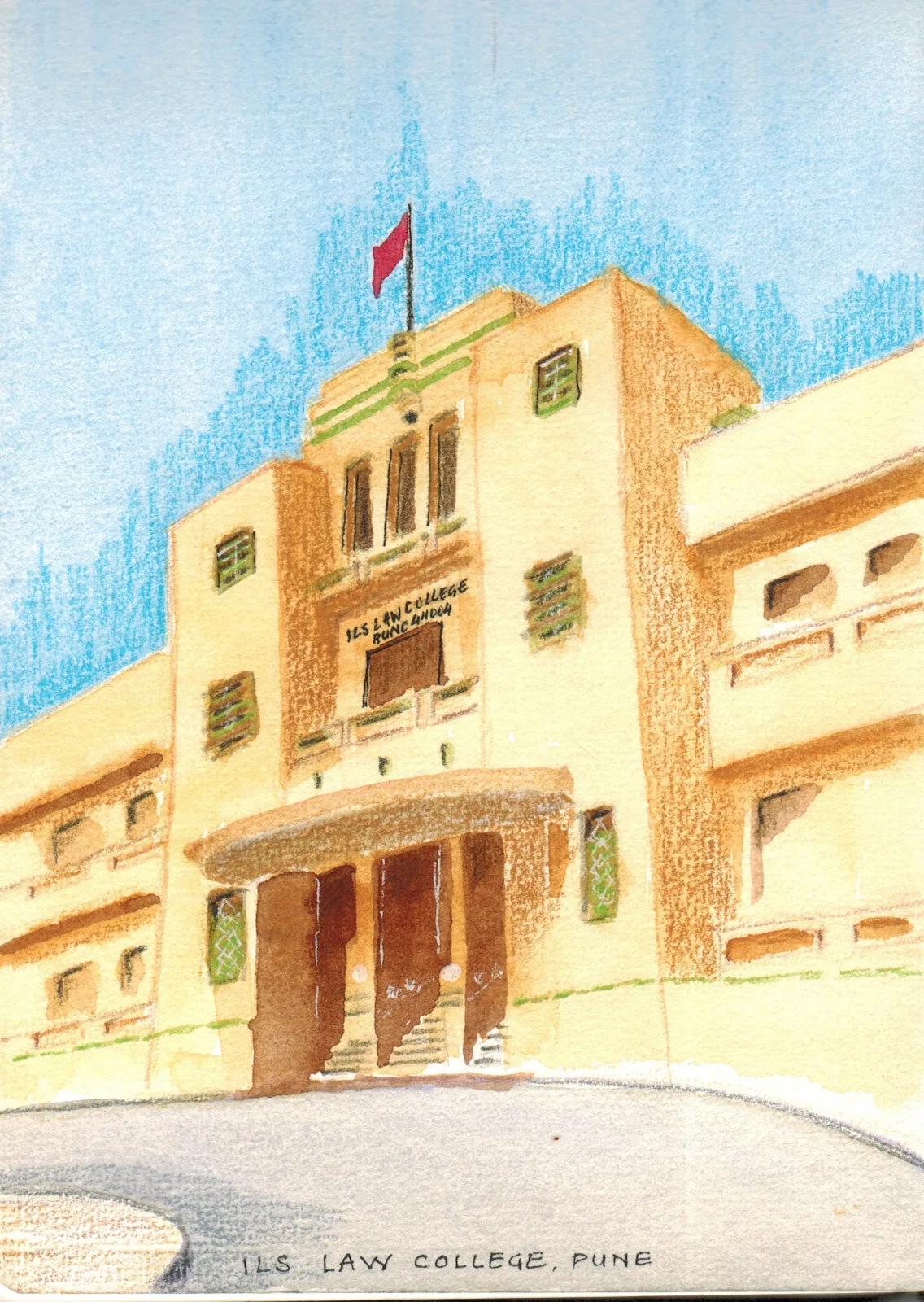 Hand-drawn urban sketch of ILS Law College in Pune