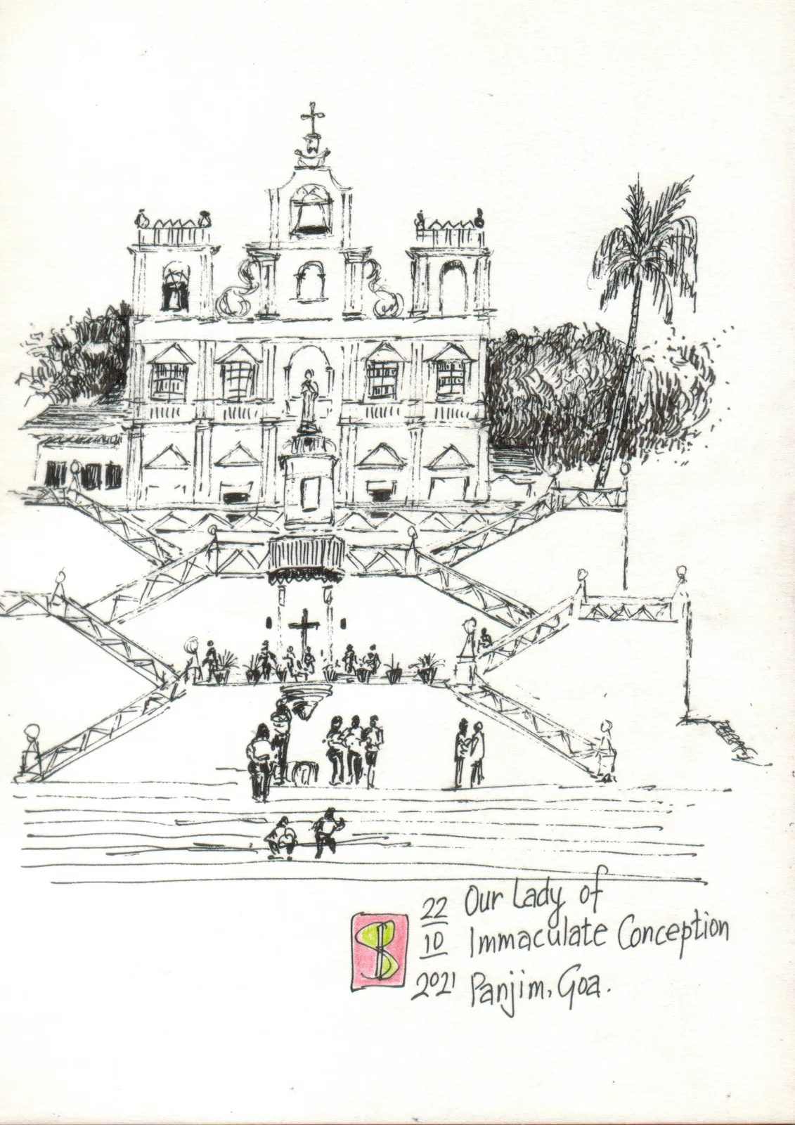 Hand-drawn urban sketch of Immaculate Conception Church in Pune