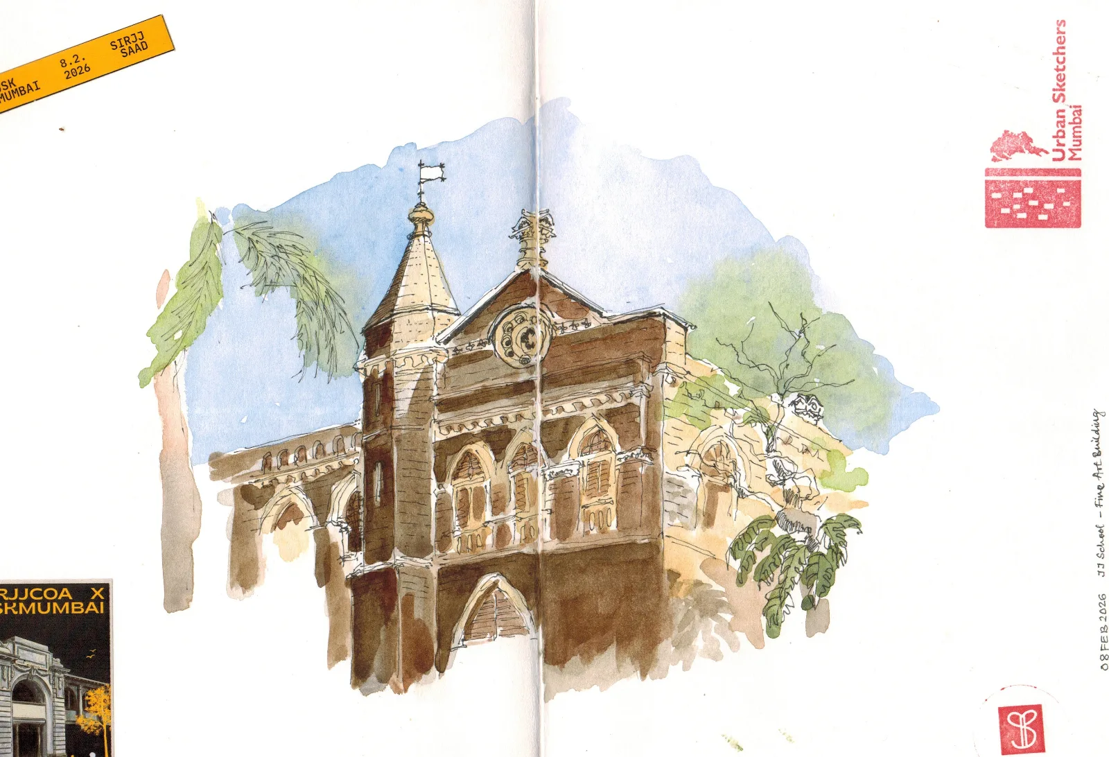 Hand-drawn urban sketch of JJ School of Arts and Architecture in Pune
