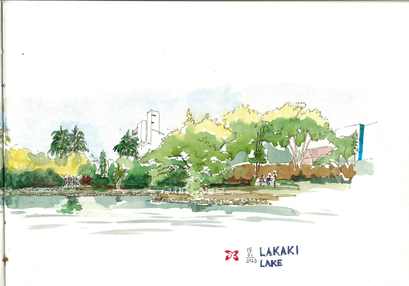 Hand-drawn urban sketch of Lakaki Lake Park in Pune