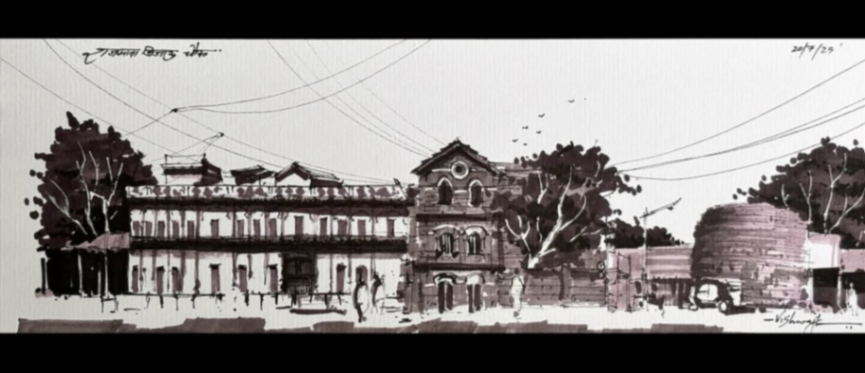Hand-drawn urban sketch of Nana Wada in Pune