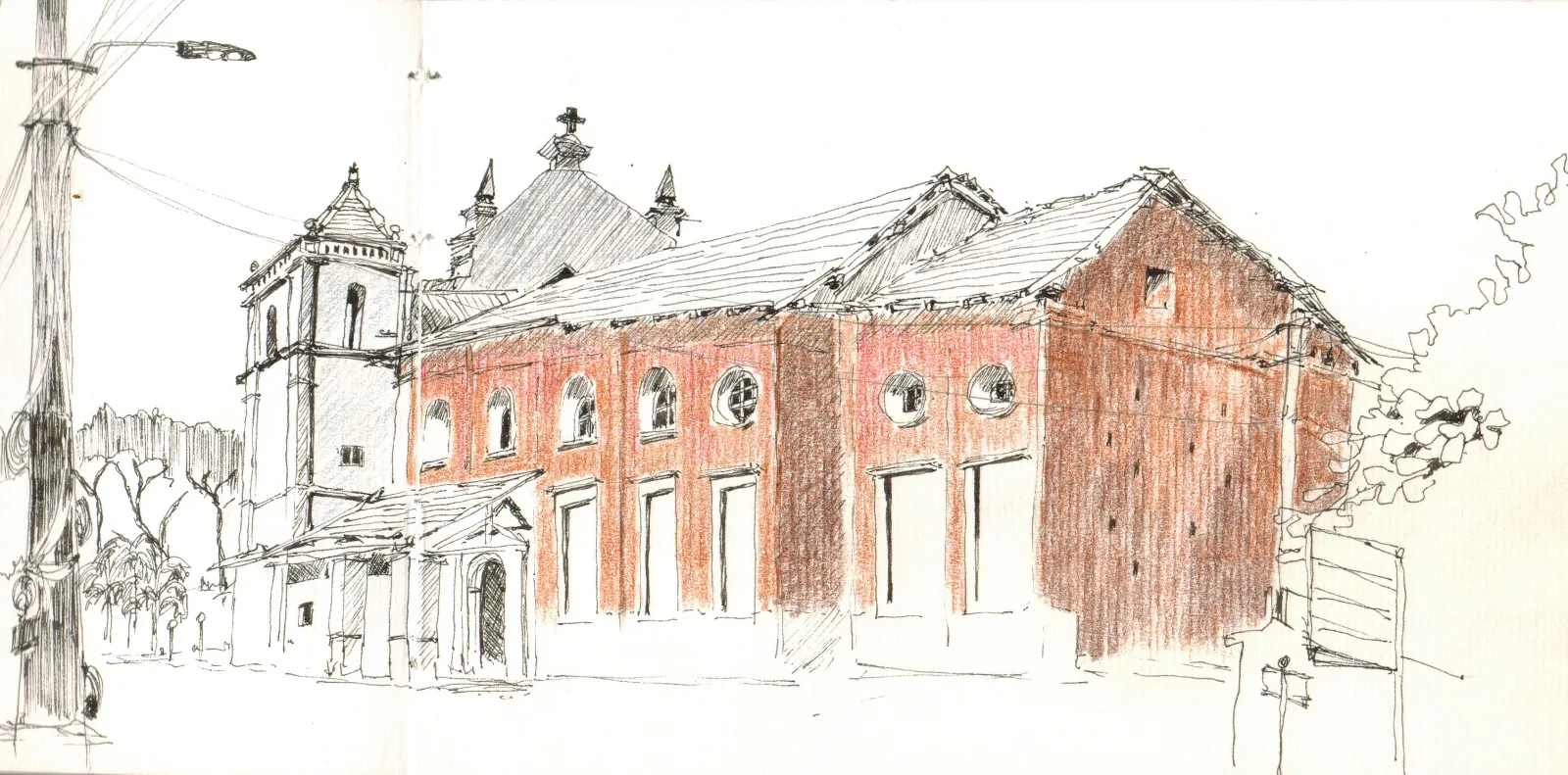 Hand-drawn urban sketch of Our Lady of Merces Church in Pune