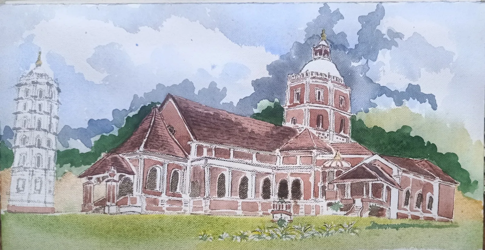 Hand-drawn urban sketch of Shri Shantadurga Temple in Pune