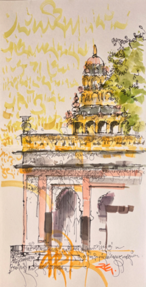 Climbing the steps on a Sunday morning with aching legs was a task in itself! But the excitement to witness a fellow Urban Sketchers member’s demo kept me going. Inspired by the demo, I sketched the temple with watercolors and Micron pens. Seeing people appreciate the sketches made the experience even more delightful.
