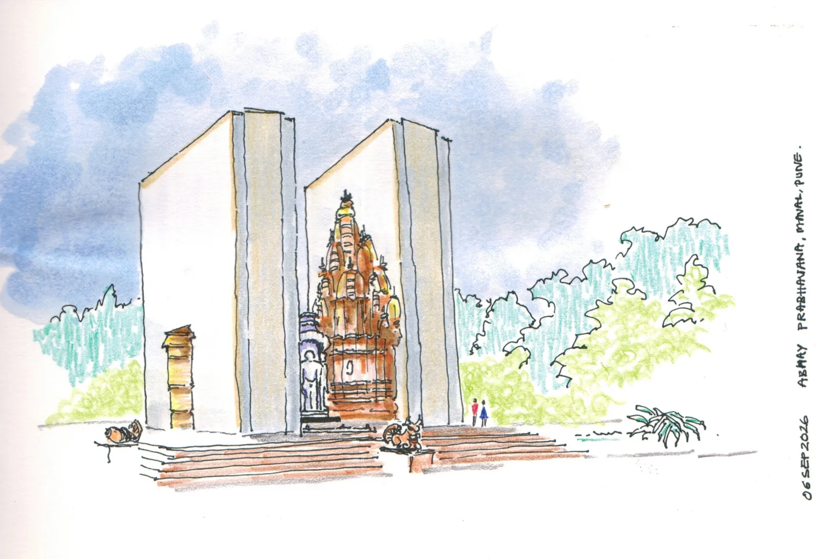 Urban Sketchers Pune, were invited to visit and sketch at Abhay Prabhavan, a museum of knowledge about Jainism, beautifully created by Mr. Abhay Firodia of Force Motors.