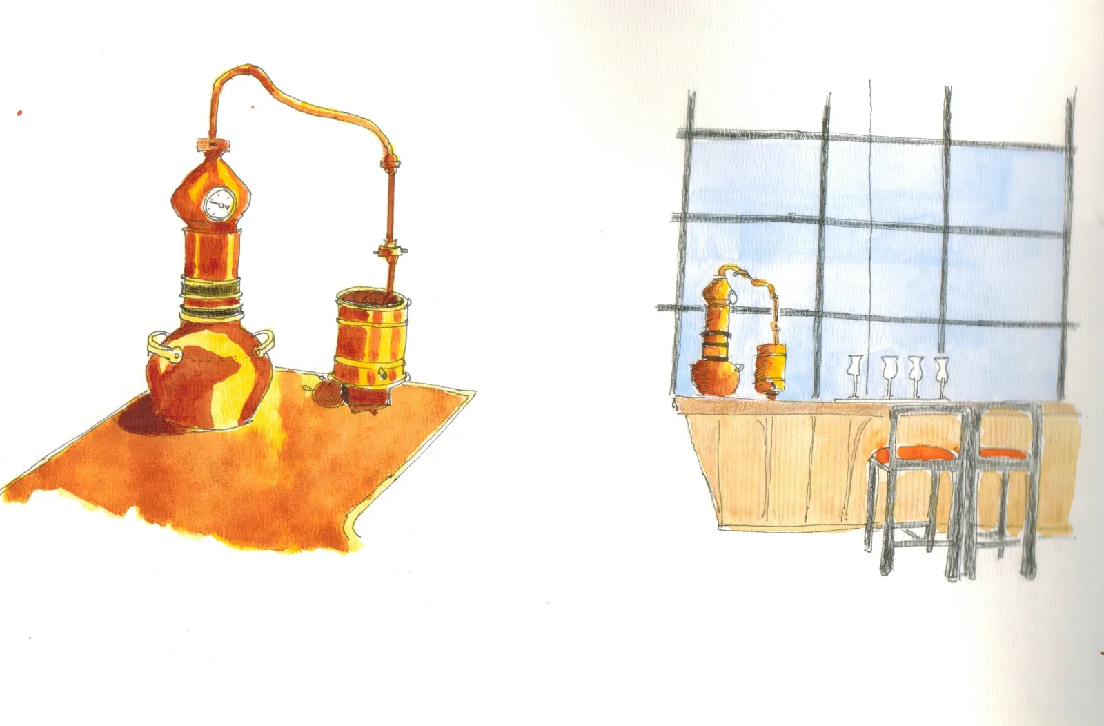 Sketched at Adventurist Spirits Distillery, Goa-makers of Tamras Gin. Pen and wash sketch of their Muller Mini still. Nov 2022.