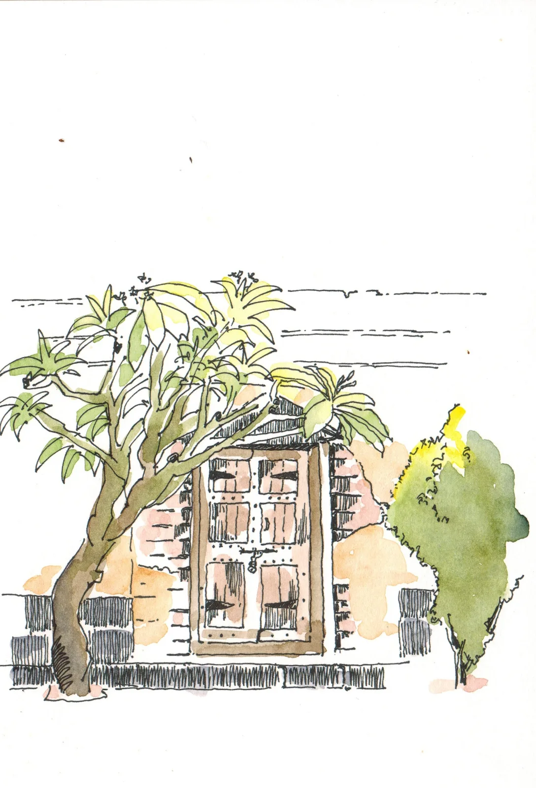 Inside courtyard of the temple sketched with pen and wash.
